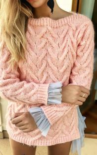 Pullover Cardigan Sweater Pulli Damen Strick langarm Rüsche Strickpullover Farbe