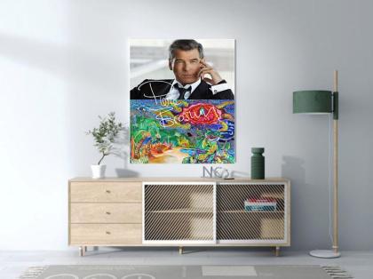 PIERCE BROSNAN Souvenir Kunst Geschenk 60x40 cm mit Rahmen! NEU!