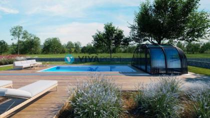 OMEGA Poolüberdachung: 10, 00x 4, 35x 2, 15m hoch VORMONTIERT DACH PC 4mm klar V
