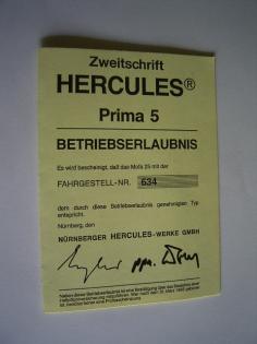 Hercules Prima 5 Betriebserlaubnis blanko