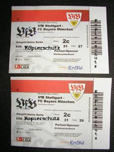 Verkaufe 2 Tickets VfB ./. Bayern München 13.12-0.7978 Stuttgart - Die Mercedes Be