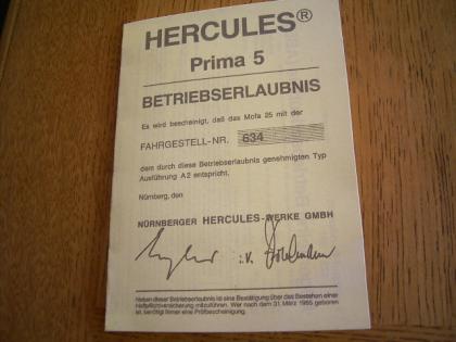 Hercules Prima 5 Betriebserlaubnis