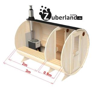 Saunafass, Fass-Sauna, Sauna (Länge 3m, Durchmesser 2, 2m) mit Holzofen