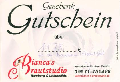 GUTSCHEIN ÜBER 1 178,- € VON BIANCA S BRAUTSTUDIO ZU VERKAUFEN!!