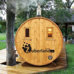 3, 6m Sauna aus Thermoholz, 2, 2m Durchmesser und Holzofen, Saunafass, Sauna-Fas