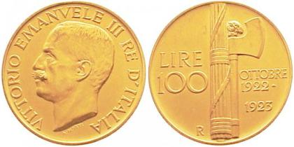 Italien-Königreich Vittorio Emanuele III. 1900-1946. 100 Lire 1923 GOLD. Mattier