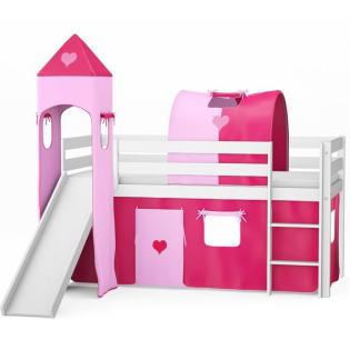 Spielbett Hochbett Bett Set Rutsche Turm Vorhange Mädchen 90x200