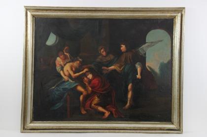 Ölgemälde Personen mit Erzengel Spätbarock um 1780
