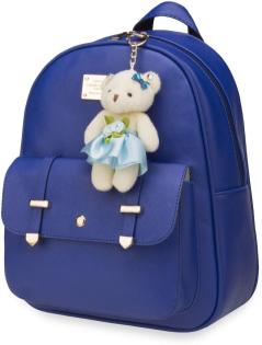 Elegantes Taschen–Set Rucksack mit Vorderklappe + Clutch + Teddy–Anhänger blau