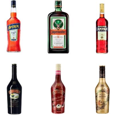 Aperol 1L, Campari 1L, Jägermeister 0.7L, Bailey's (Cream, Red Velvet, Chocolat