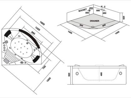 Badewanne Wanne Whirlpool Jacuzzi Massage Spa Eckwanne Radio Acryl 140x140x62 Ba