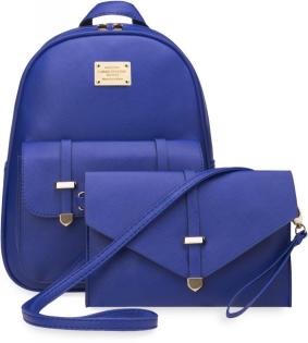 Elegantes Taschen–Set Rucksack mit Vorderklappe + Clutch + Teddy–Anhänger blau