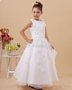 Elastischer Satin Kristall Organza Kommunionkleid/ Blumenmädchenkleid mit Applik