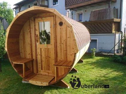 3, 6m Sauna aus Thermoholz, 2, 2m Durchmesser und Holzofen, Saunafass, Sauna-Fas