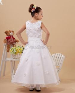 Elastischer Satin Kristall Organza Kommunionkleid/ Blumenmädchenkleid mit Applik