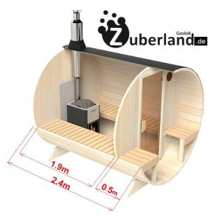 Fasssauna, Saunafass, Sauna (Länge 2, 4m, Durchmesser 2, 2m) mit Holzofen