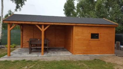 FERIENHAUS GARTENHAUS GARTENLAUBE ÜBERDACHUNG KLEBEDACH MIT HOLZ USTKA 2IN1 5x3m