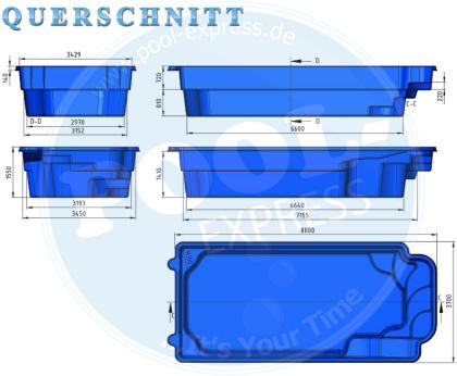 GFK Schwimmbecken 8.0 x 3.7 x 1,55 GFK Pool vollisoliert fertigpool einbaubecken