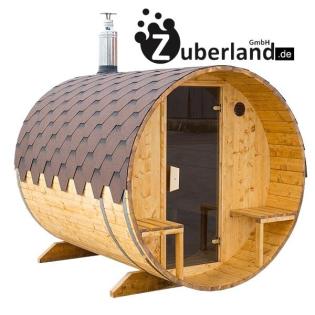 Fasssauna, Saunafass, Sauna (Länge 2, 4m, Durchmesser 2, 2m) mit Holzofen