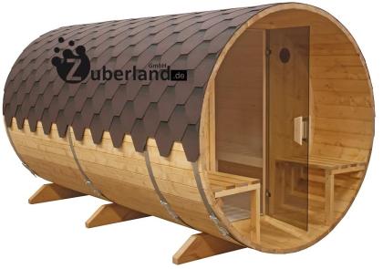 3, 6m Fichten Sauna 2m Durchmesser mit Terrasse und 6kW Elektroofen, Sauna-Fass,