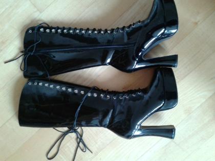 Sexy Lack Plateau Stiefel High Heels schwarz kniehoch 37 - 37,5