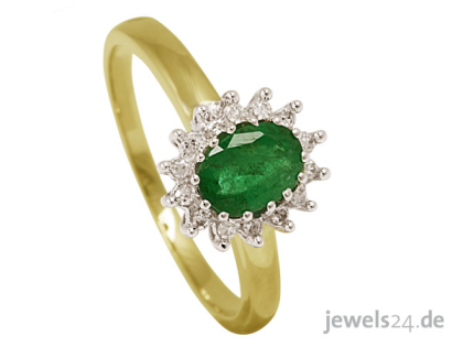 Klassisch eleganter Diamantring, 14 Diamanten, Smaragd Edelstein, Gold günstig d