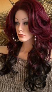 Perücke Spitzenperücke Lace wig front lang ombre rot schwarz gelockt locken curl